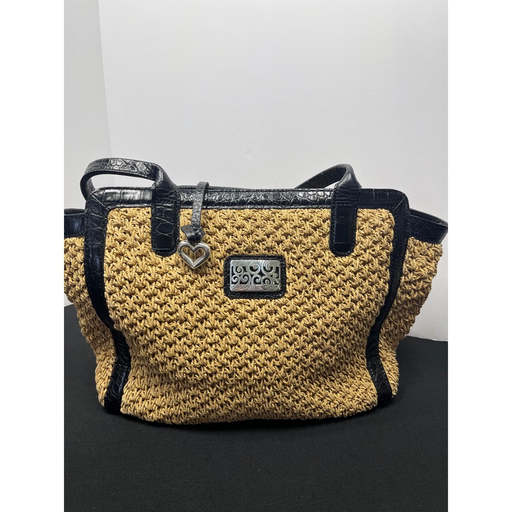 Brighton Straw Tote Bag Black Croc Embossed Leather Trim Silver Heart Charm